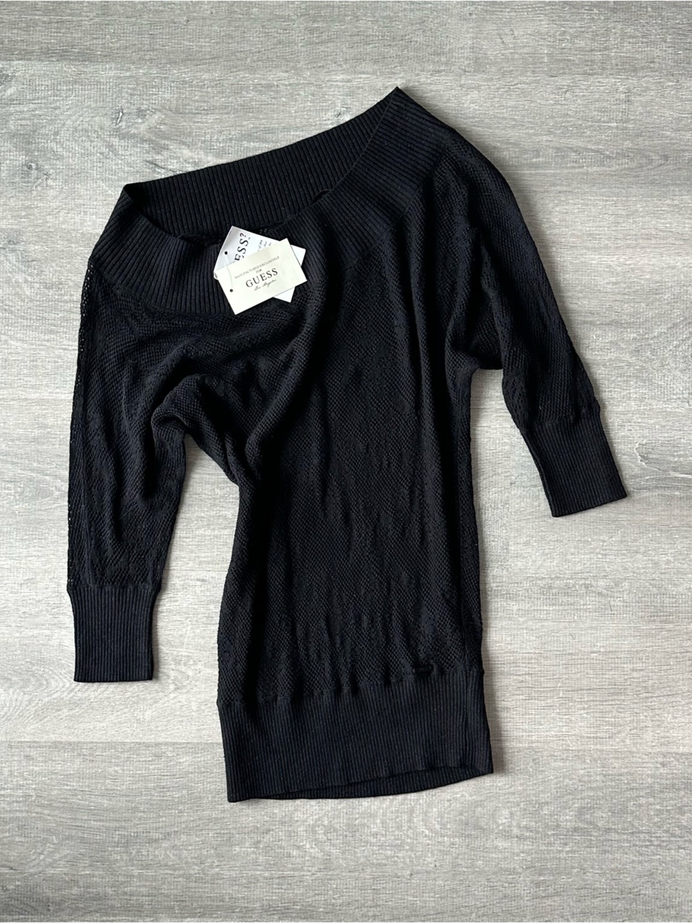 NWT Vintage GUESS Black Linen Off-Shoulder Knit Sweater 3/4 Sleeve Sheer